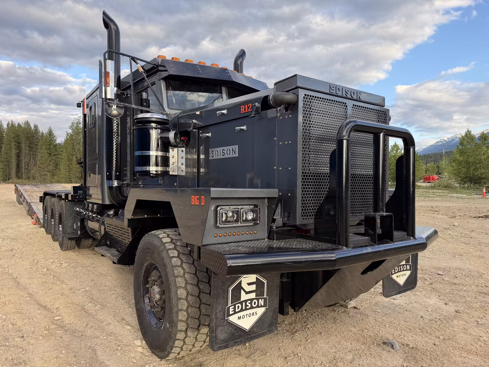 Front grille guard and Edison Motors mud flaps on the Royal Oilfield R12